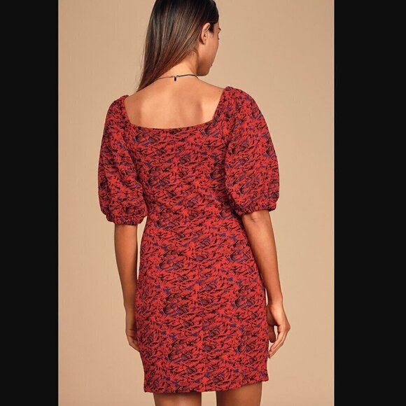Free People Sunset Mini Dress L NWT Red Multi Print Puff Sleeve Bodycon Stretch - Picture 9 of 11